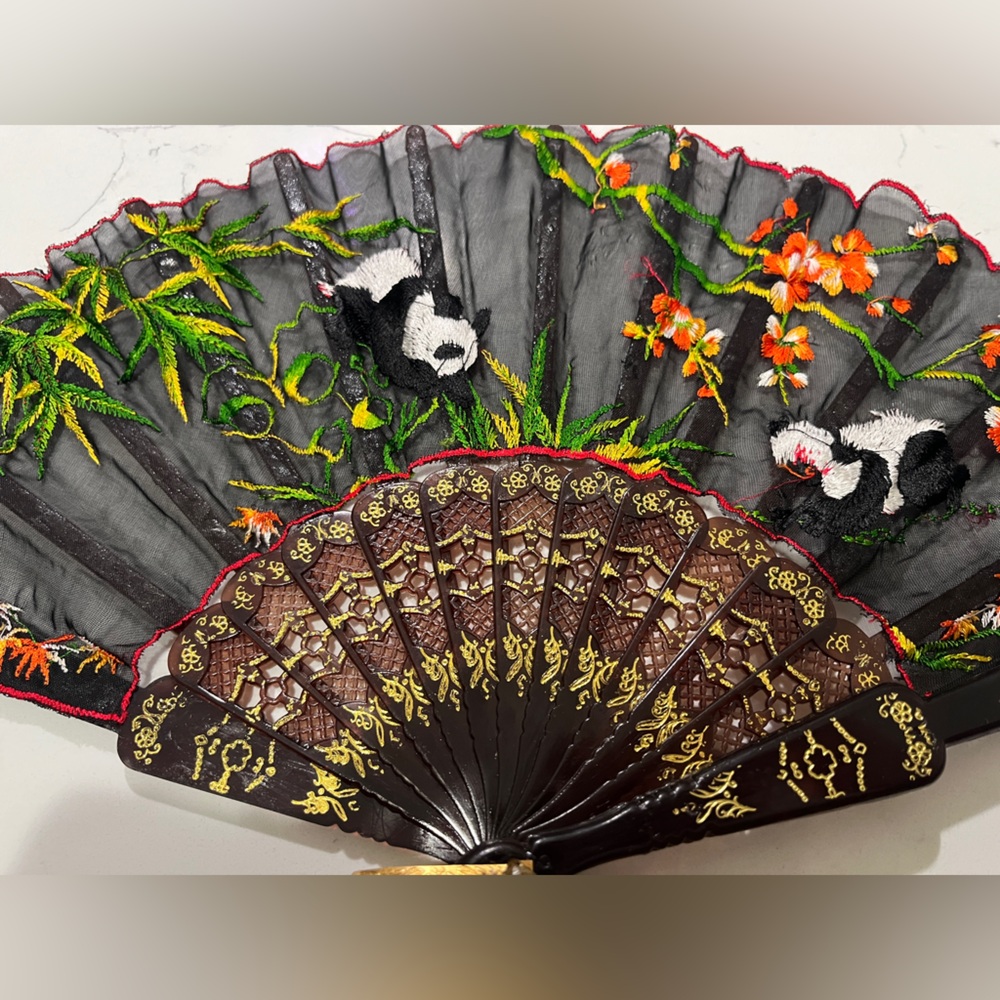 Embroidered Panda and Floral Hand Fan